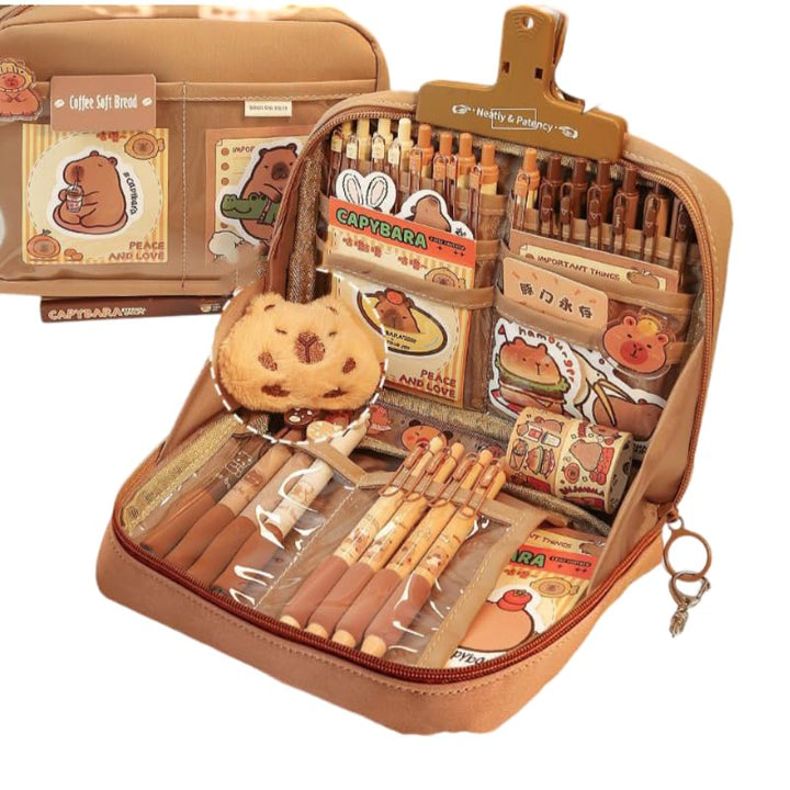 Plush Capybara Pencil Case – 12-Compartment Kawaii Organizer Pouch