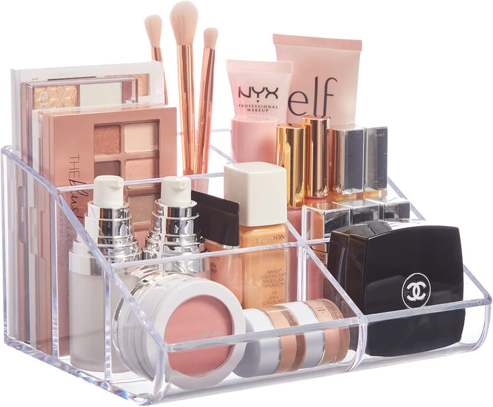 Clear Plastic Vanity Makeup Organizer | 6-Compartment Holder for Brushes,