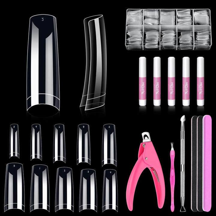 Clear Acrylic Nail Tips – 500 Pcs French Square Half Cover, Includes Glue, Clipper, Files & Cuticle Fork for Salons & Home DIY