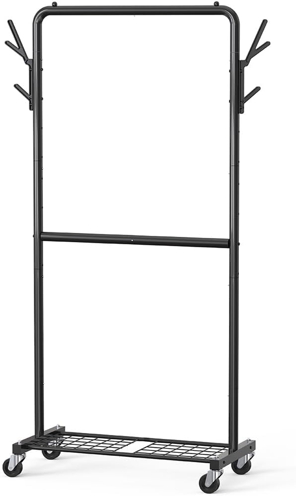 Double Rod Garment Rack with Wheels, Hooks Bottom Shelves