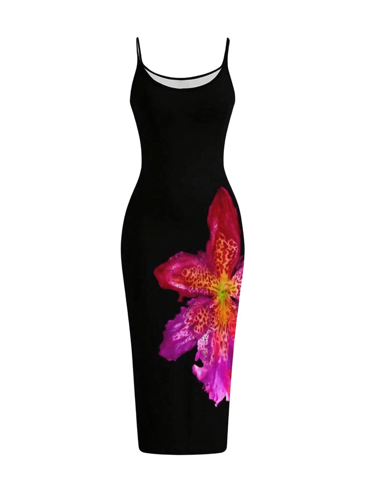 Women’s Flower Print Spaghetti Strap Midi Dress – Boho Bodycon Cami