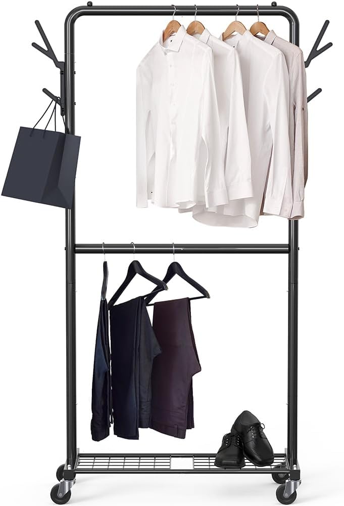 Double Rod Garment Rack with Wheels, Hooks Bottom Shelves