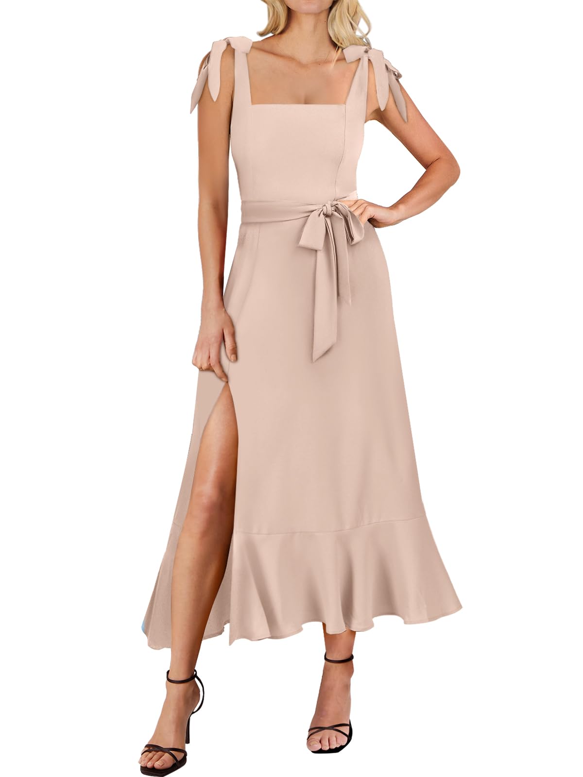Women’s Square Neck Midi Dress – Elegant Ruffle Split Formal Dress