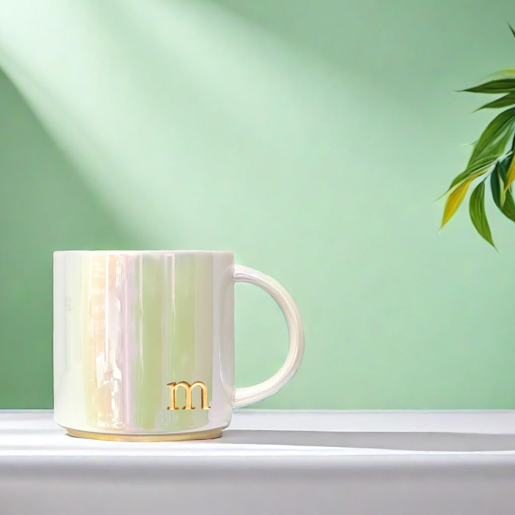 Ceramic Coffee Mug with Iridescent Finish – Personalized Lowercase Embossed Lettering – Lustrous Multicolored Coffee Cup – Perfect for Unique Gifts and Special Occasions