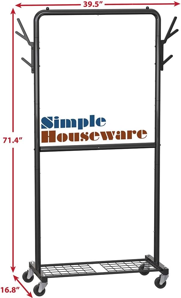 Double Rod Garment Rack with Wheels, Hooks Bottom Shelves