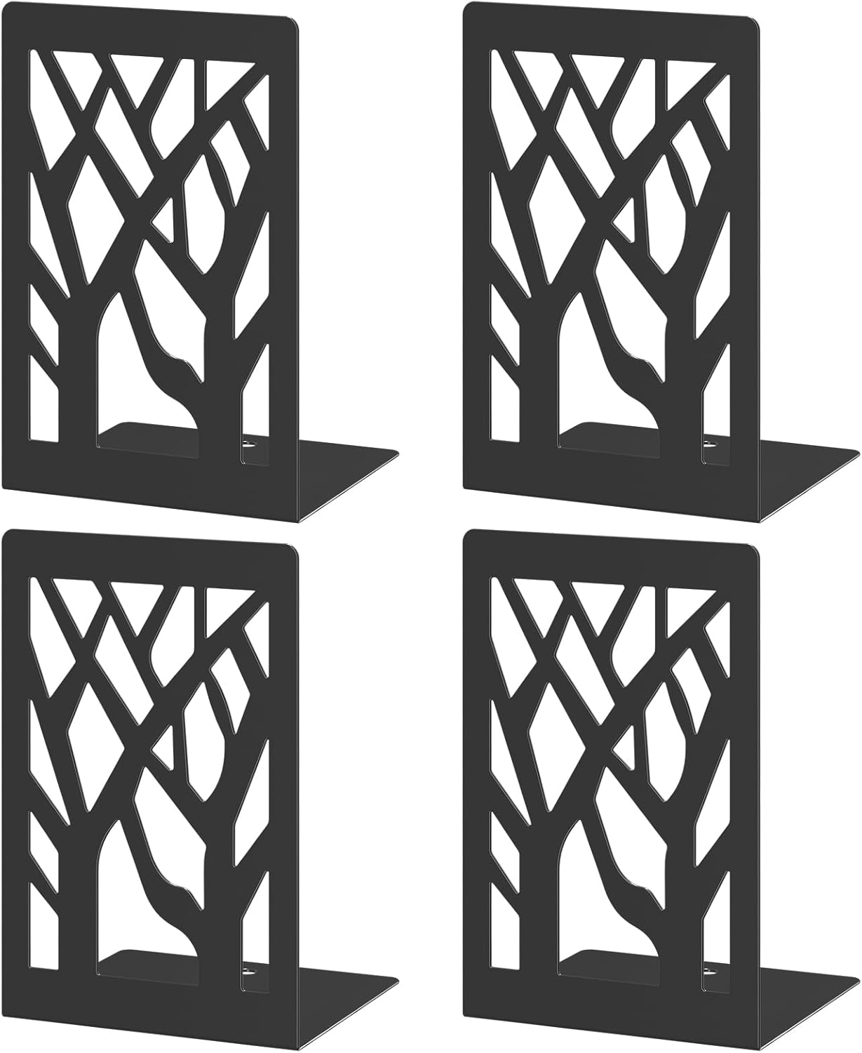 Black Metal Tree Bookends – 4 Pcs Decorative Non-Slip Organizer