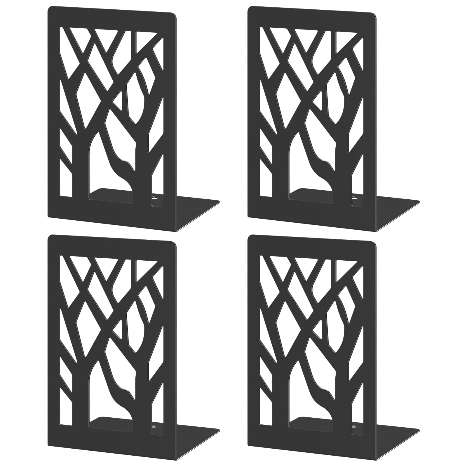 Black Metal Tree Bookends – 4 Pcs Decorative Non-Slip Organizer