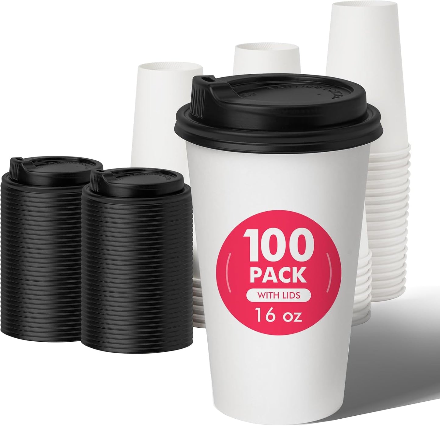 16 oz 100 Pack Disposable Paper Coffee Cups with Lids – Hot Cups for Home & Office – Leak-Proof, Durable Paper Cups for Beverages