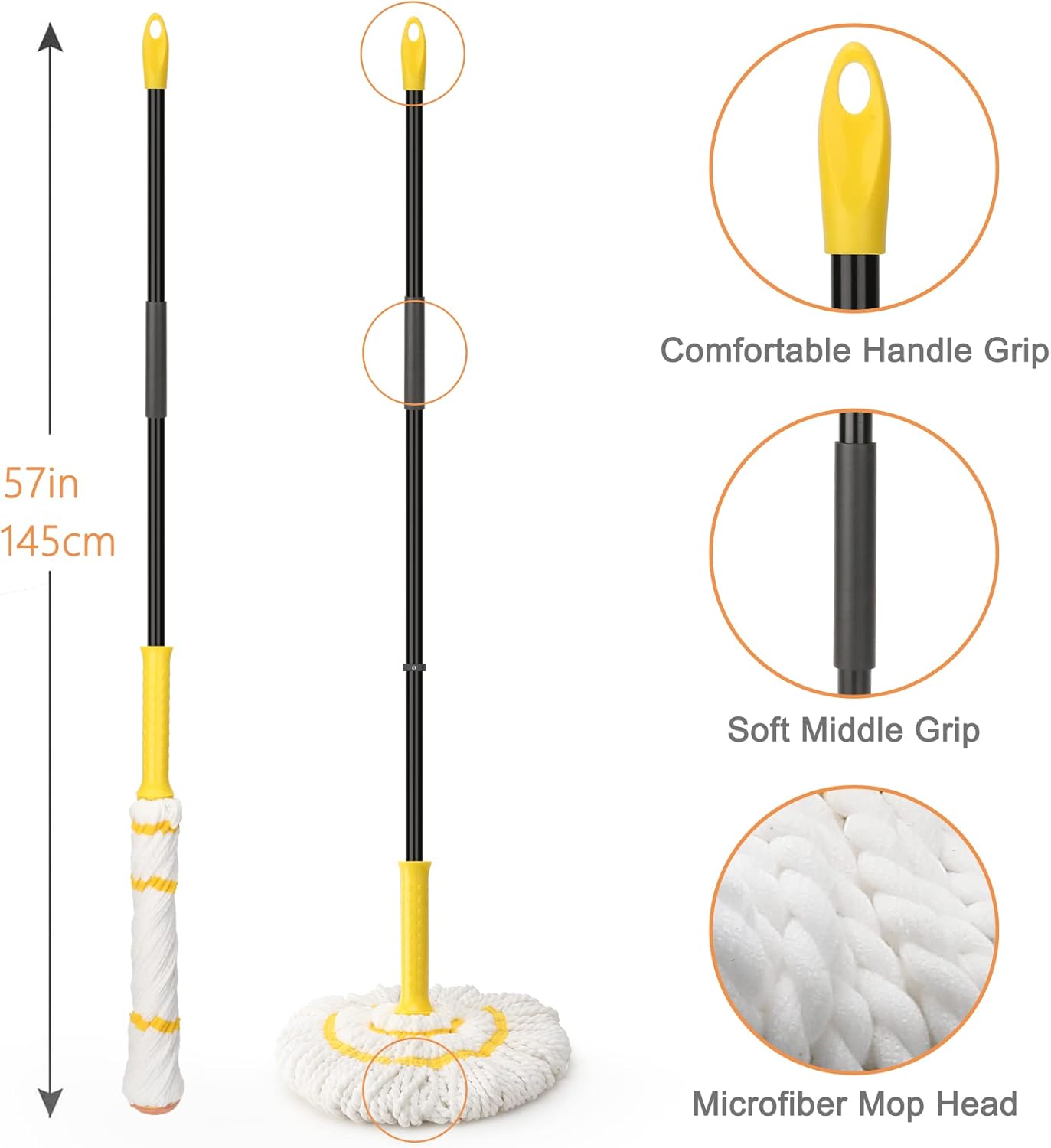 Self-Wringing Twist Mop for Floor Cleaning, Long Handled Microfiber