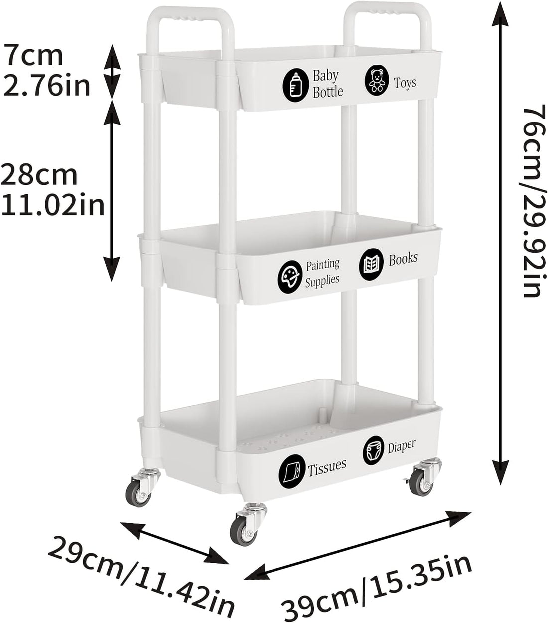 3-Tier Storage Cart Multifunction Kitchen Storage Organizer Mobile Shelving