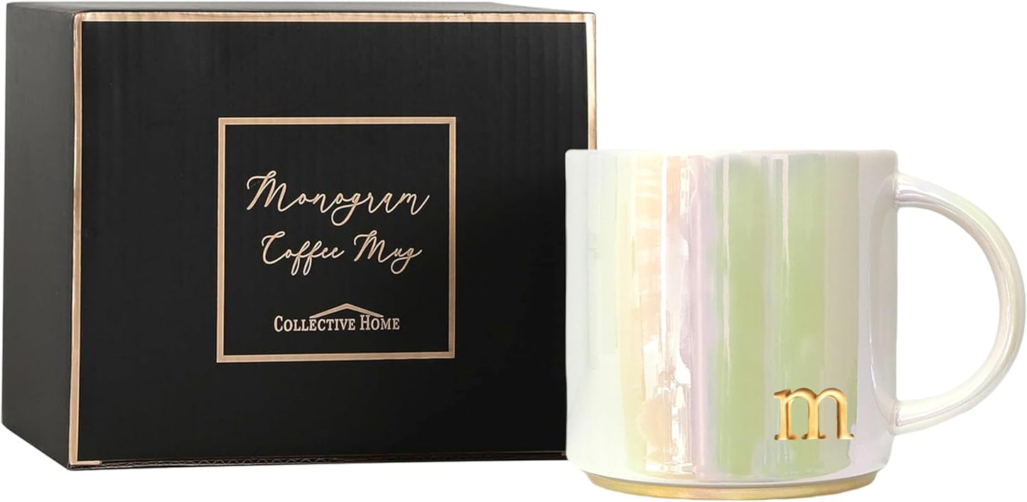 Ceramic Coffee Mug with Iridescent Finish – Personalized Lowercase Embossed Lettering – Lustrous Multicolored Coffee Cup – Perfect for Unique Gifts and Special Occasions