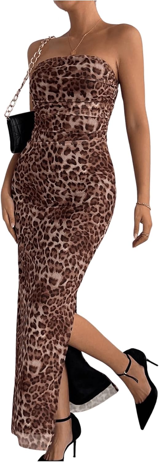 Women's Strapless Mesh Bodycon Dress – Graphic Print, Split Thigh