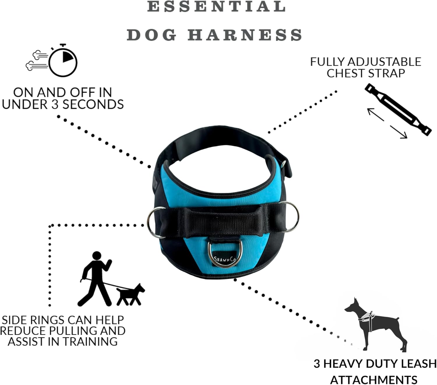 Essential No-Pull Dog Harness with 3 Clips, Reflective & Adjustable