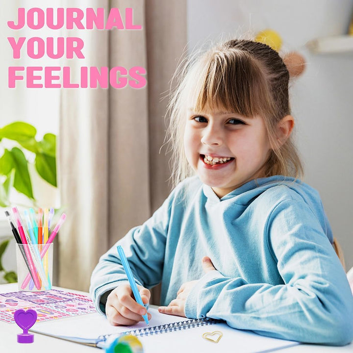 Child writing in a journal with colorful pens, text 'Journal Your Feelings' above