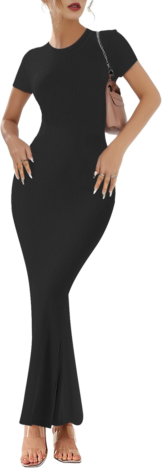 Women’s Ribbed Bodycon Maxi Dress – Black Long Fishtail Dress