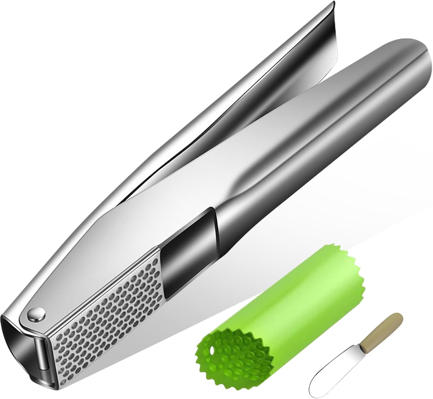 Heavy Duty Stainless Steel Garlic Press with Peeler & Scraper