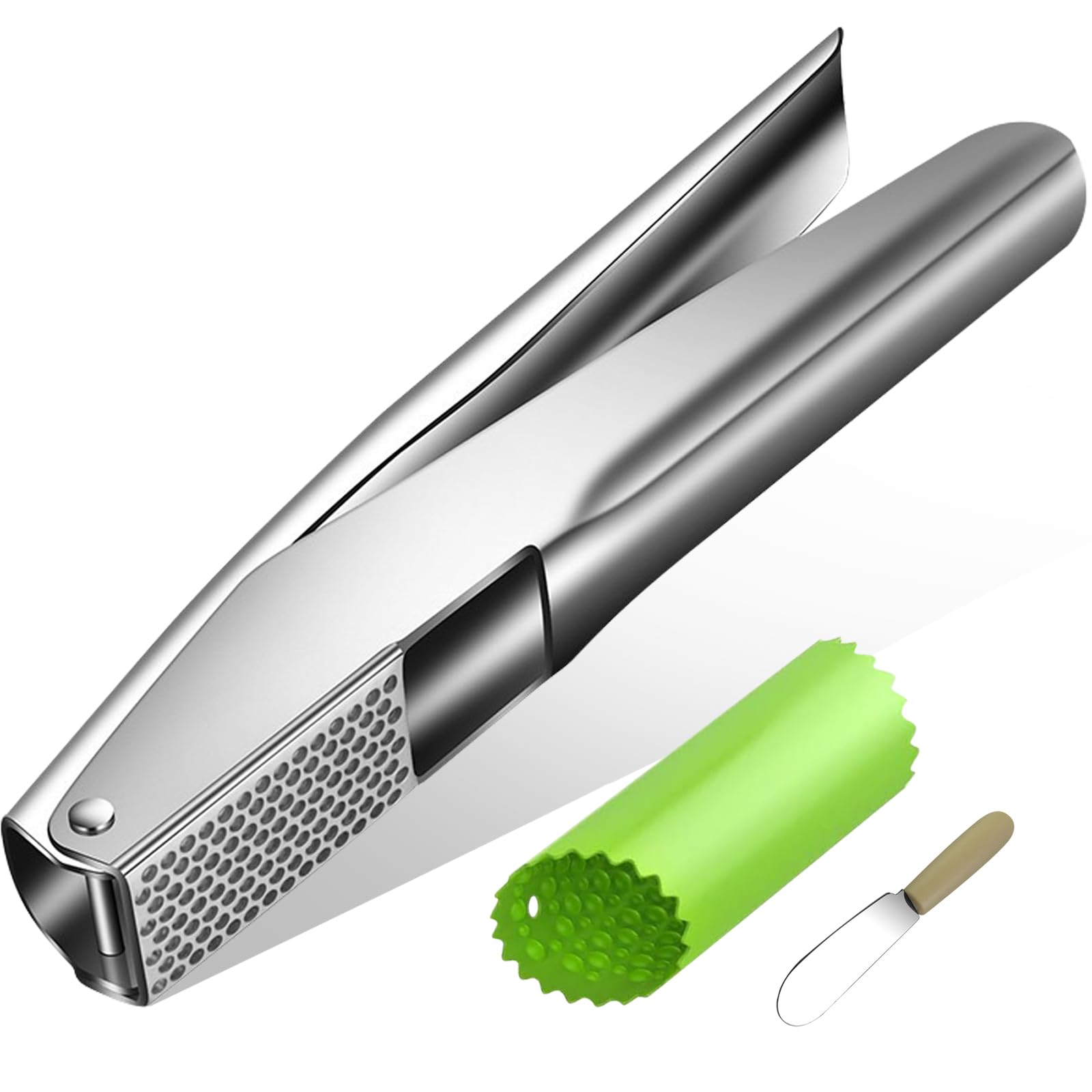 Heavy Duty Stainless Steel Garlic Press with Peeler & Scraper