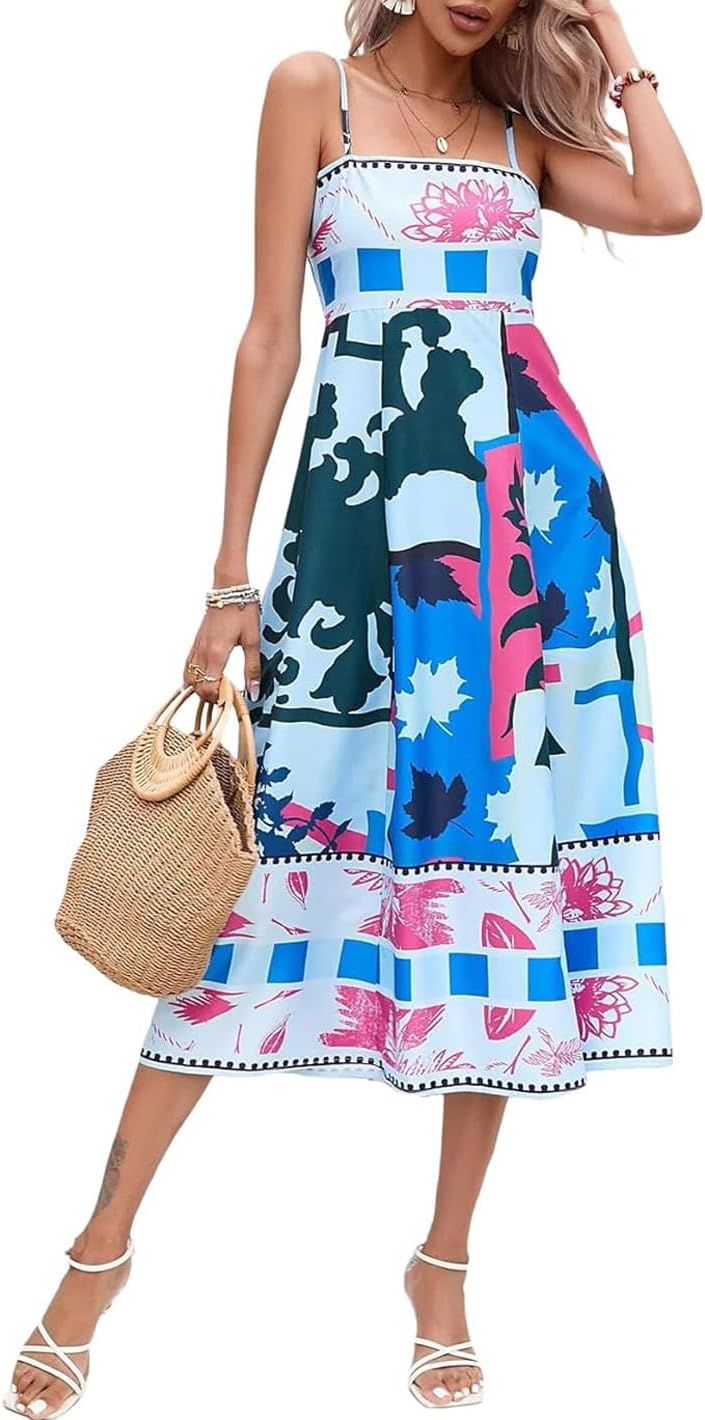 Women’s Graffiti Print Maxi Cami Dress – Boho Square Neck Sleeveless Sundress