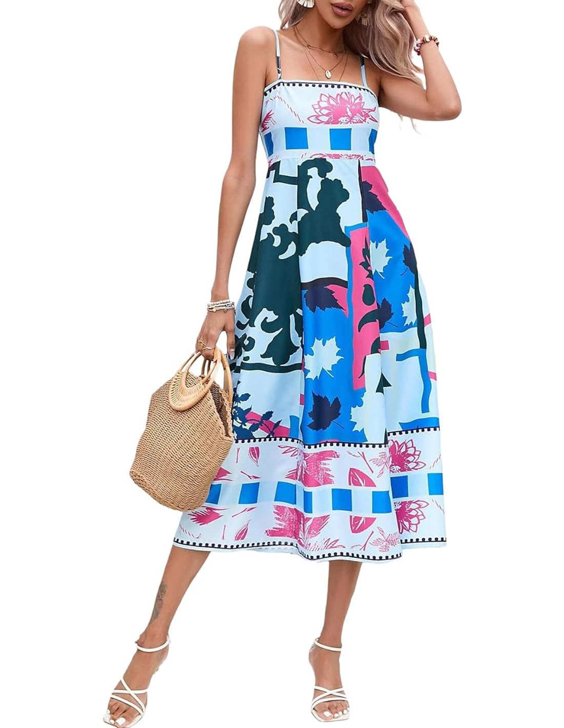 Women’s Graffiti Print Maxi Cami Dress – Boho Square Neck Sleeveless Sundress