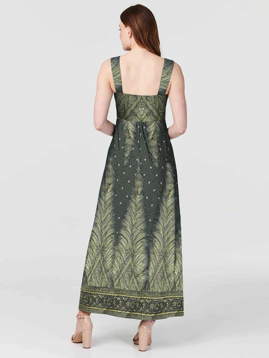 Women’s Boho Spaghetti Strap V Neck Feather Print Maxi Dress