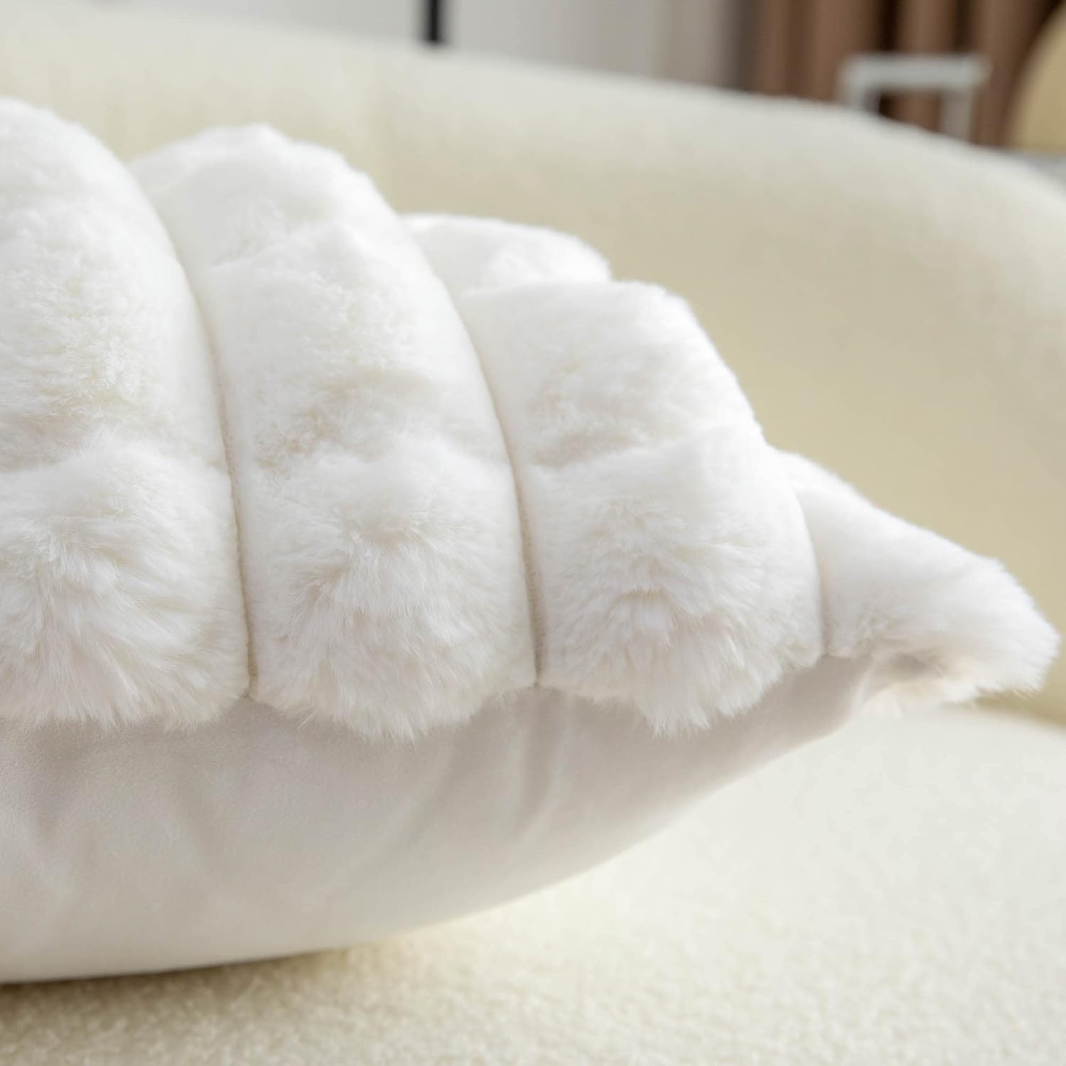 Cream White Faux Fur Cozy Soft Plaid Decorative Throw Pillow Covers