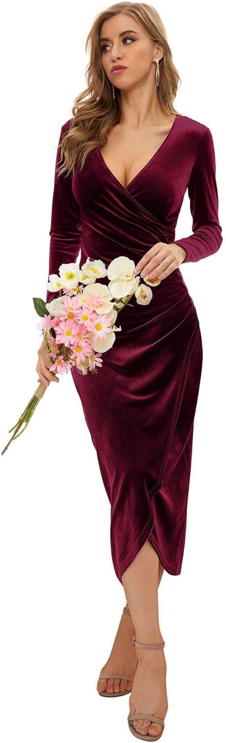 Velvet Wrap V-Neck Maxi Dress – Long Sleeve Ruched Party Dress