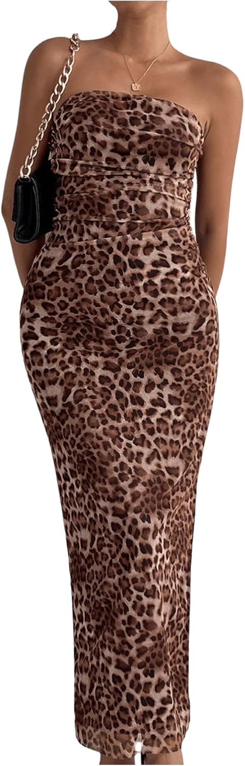 Women's Strapless Mesh Bodycon Dress – Graphic Print, Split Thigh