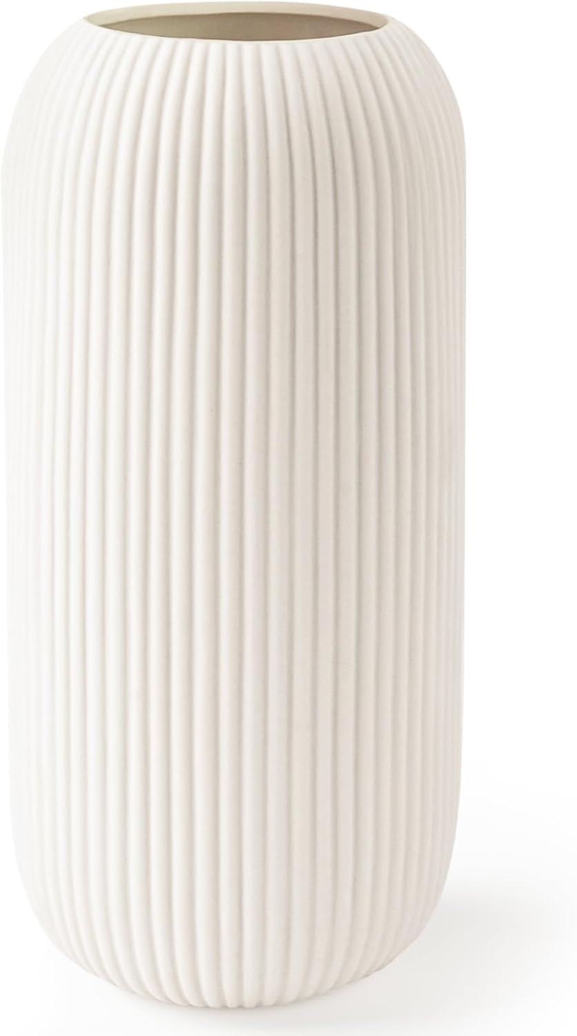 8-Inch White Ceramic Flower Vase – Modern Ribbed Textured Decorative