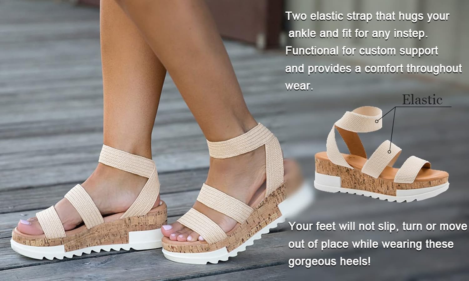 Women’s Wedge Platform Sandals – Cork Design with Elastic Strap