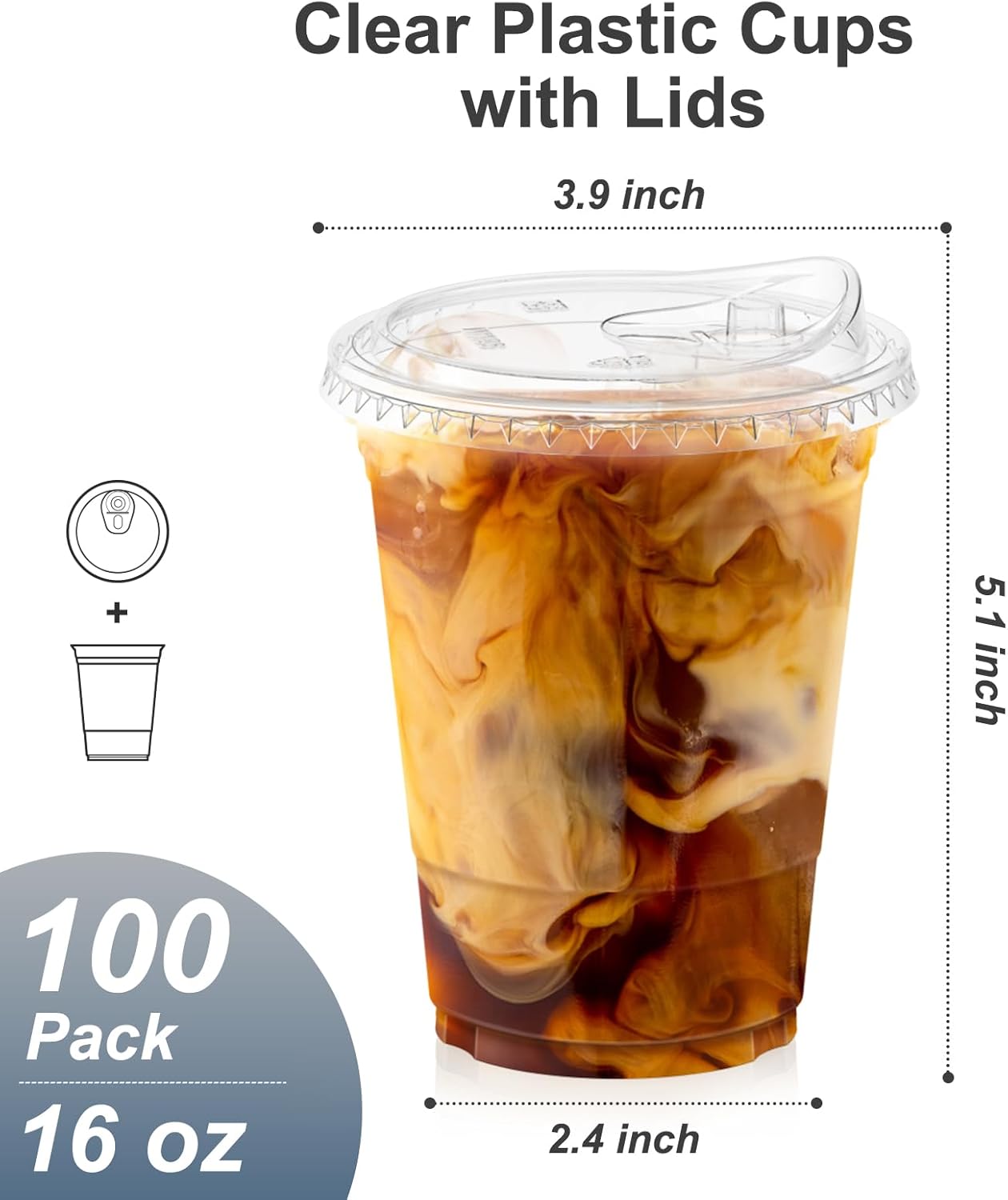 100 Pack 16 oz Clear Plastic Cups with Lids – Disposable Cold Drink Cups