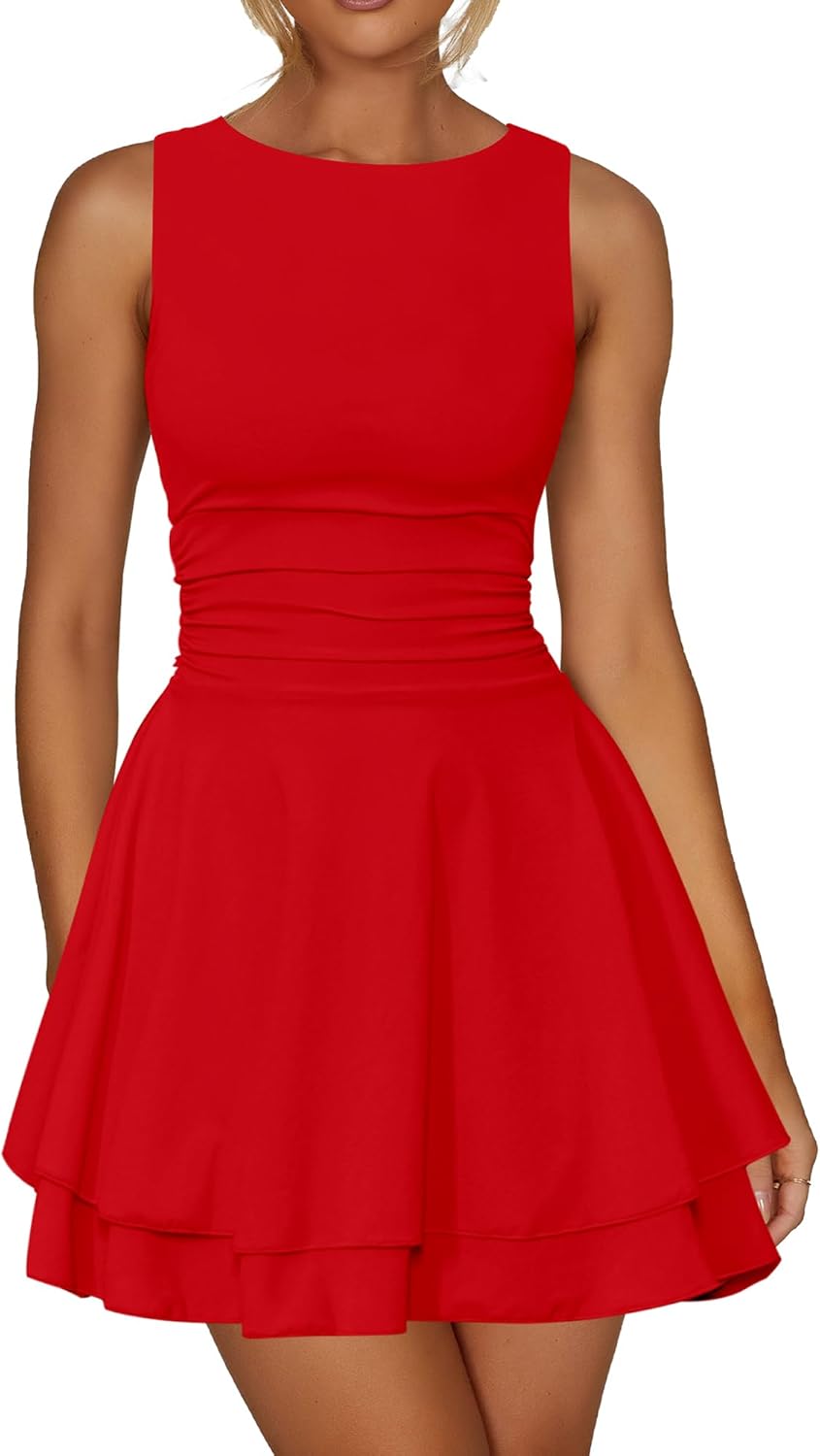 Women’s Ruched Corset Mini Dress – Ruffle Hem Sleeveless Party Dress