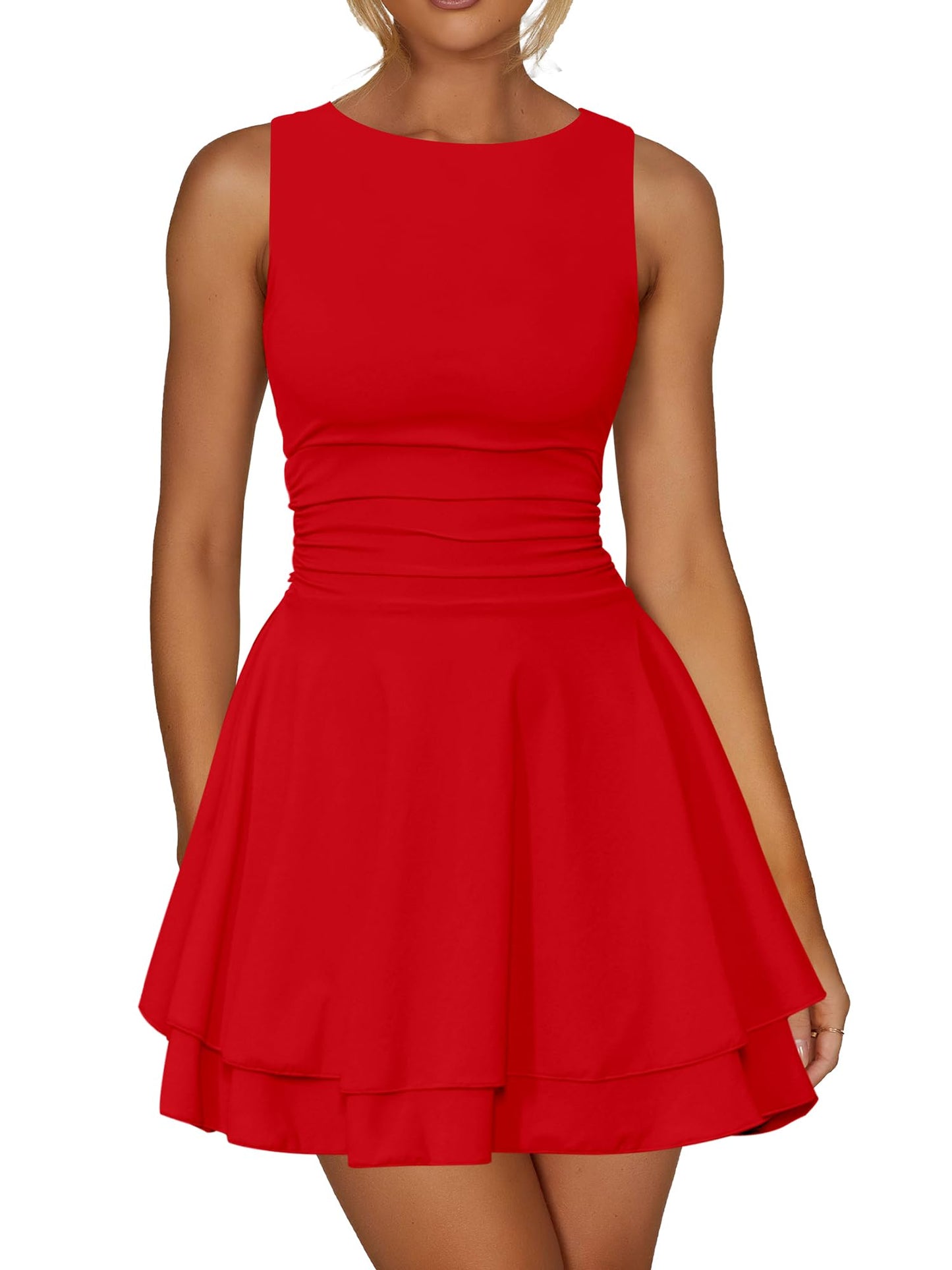 Women’s Ruffle Hem Boat Neck Mini Dress – Sleeveless Ruched Corset Short Party Dress