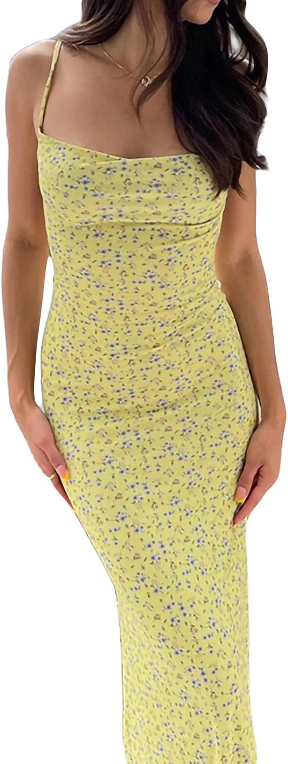 Women’s Floral Print Spaghetti Strap Maxi Dress – Y2K Backless Summer Dress