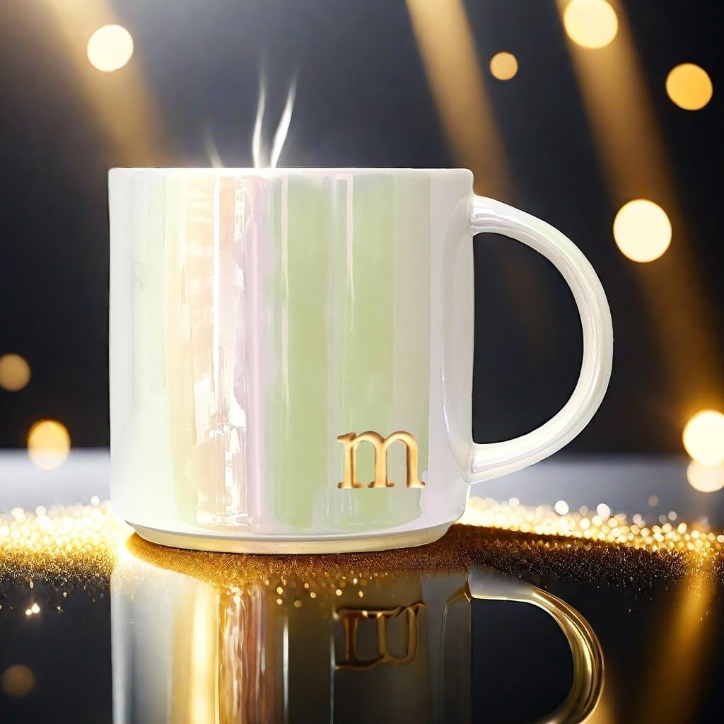 Ceramic Coffee Mug with Iridescent Finish – Personalized Lowercase Embossed Lettering – Lustrous Multicolored Coffee Cup – Perfect for Unique Gifts and Special Occasions