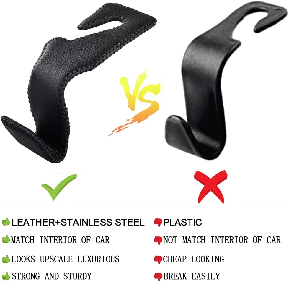 Car Seat Headrest Hooks – Heavy Duty Leather & Stainless Steel Hangers for Bags