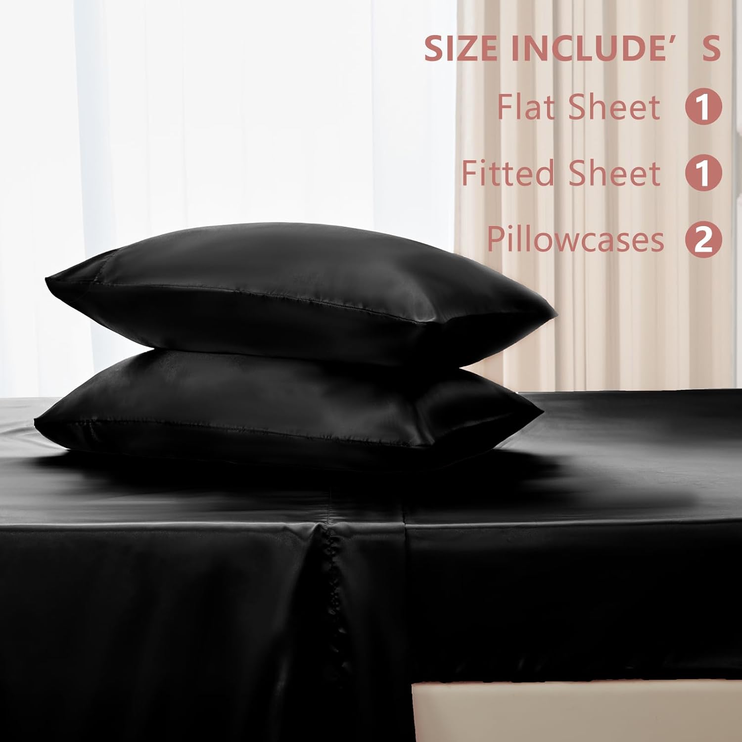 Queen Size 4-Piece Satin Sheet Set – Luxuriously Soft Black Microfiber