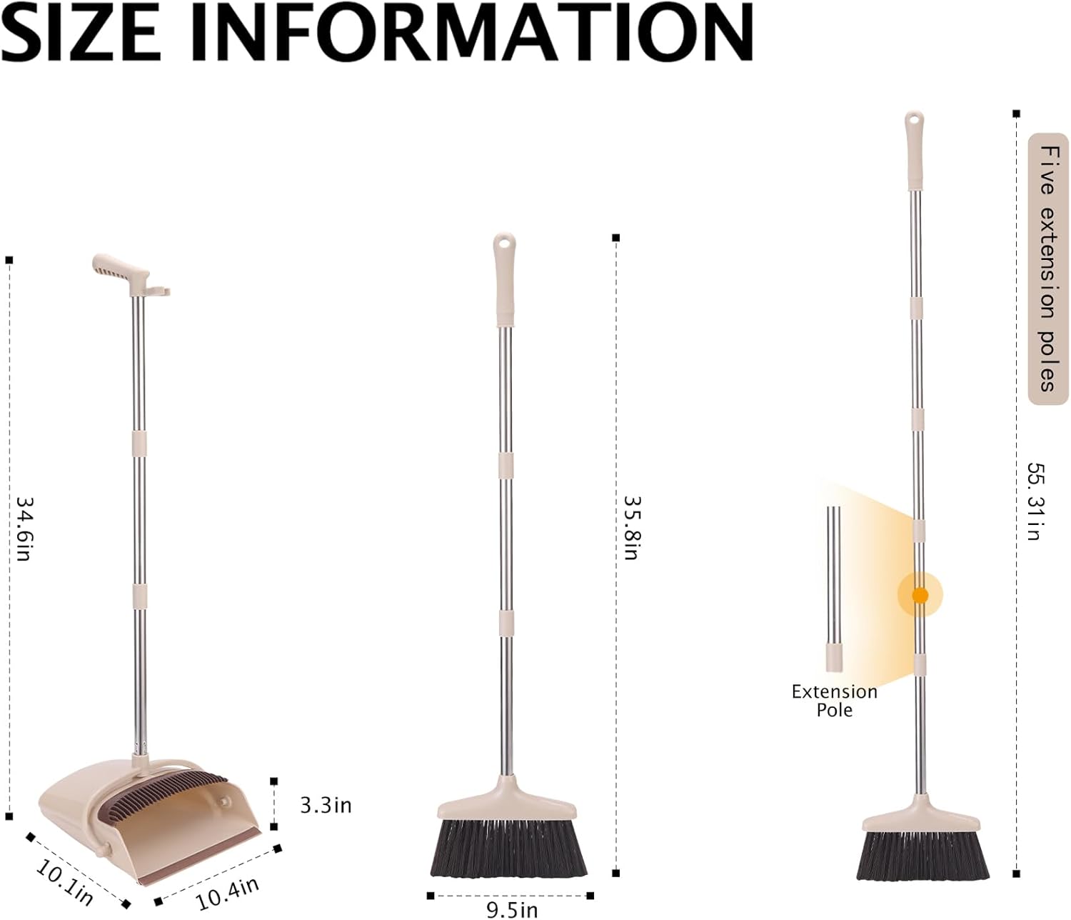 Broom and Dustpan Set with Long Handle – Lightweight Stainless Steel Poles