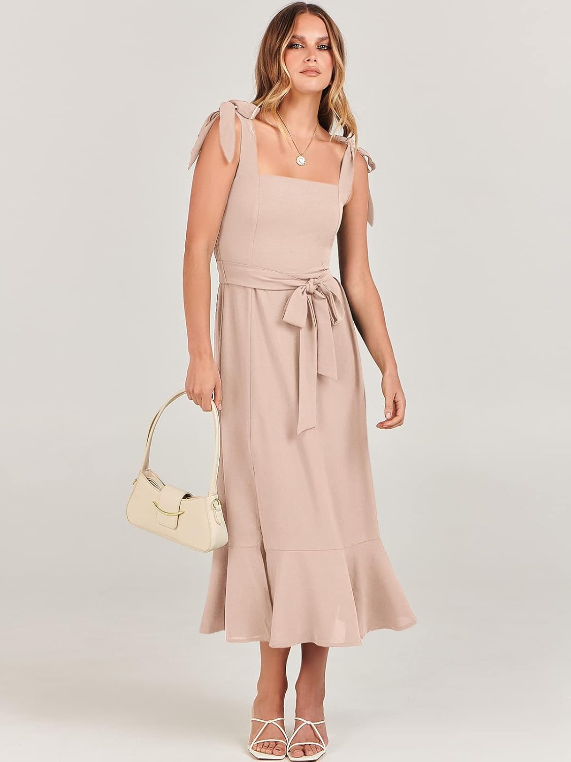 Women’s Square Neck Midi Dress – Elegant Ruffle Split Formal Dress