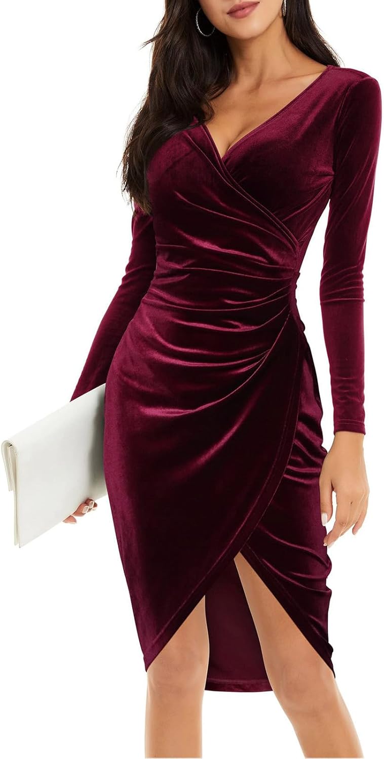 Velvet Wrap V-Neck Maxi Dress – Long Sleeve Ruched Party Dress