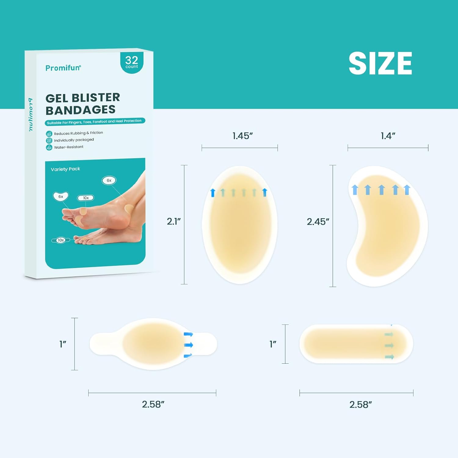 Promifun Hydrocolloid Blister Bandages 32ct – Waterproof Gel Pads
