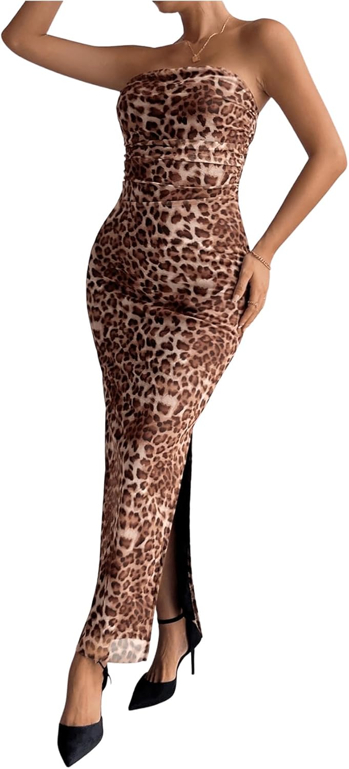 Women's Strapless Mesh Bodycon Dress – Graphic Print, Split Thigh