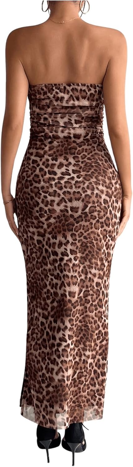 Women's Strapless Mesh Bodycon Dress – Graphic Print, Split Thigh