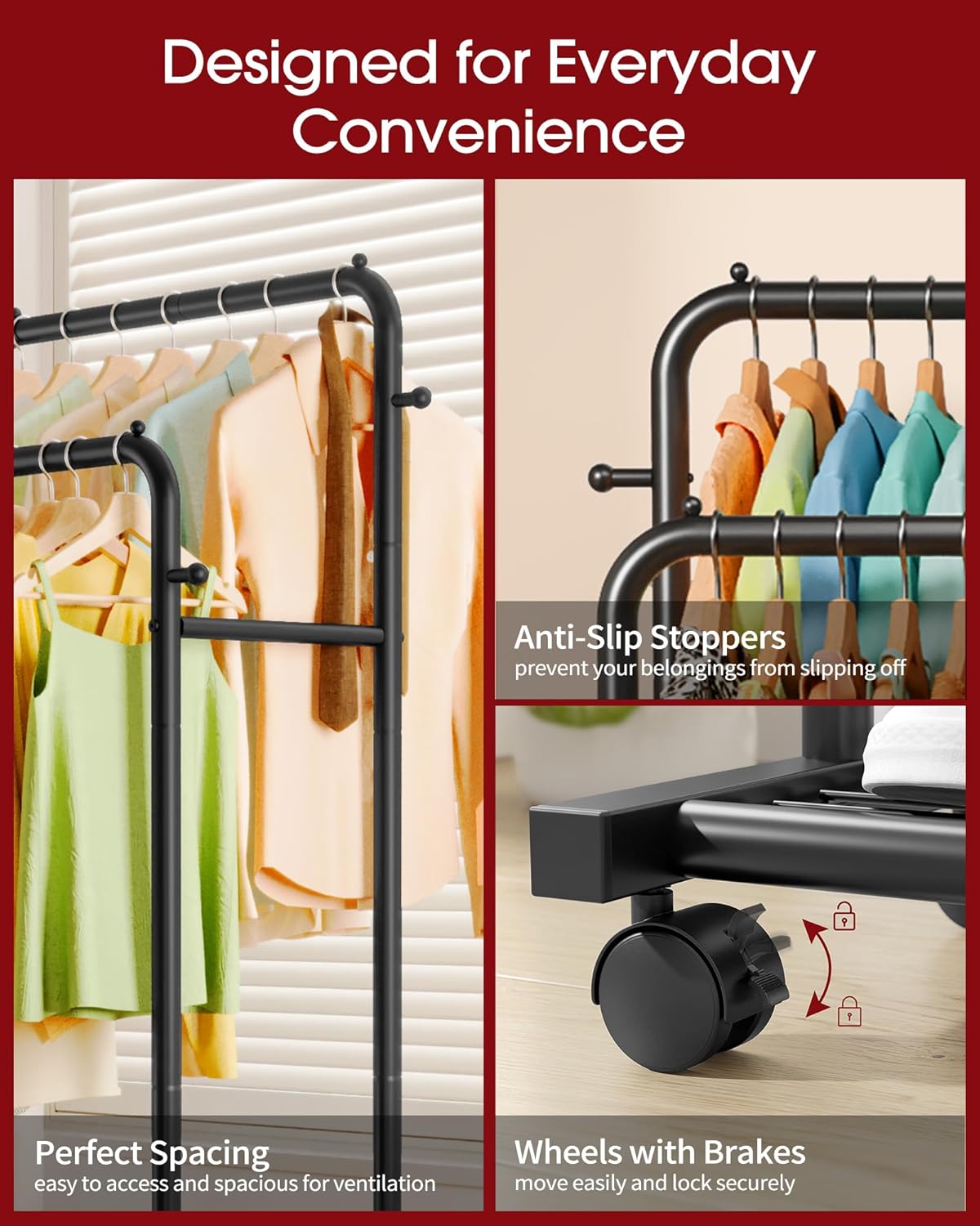 Double Rod Clothing Rack with Mesh Shelf, Hooks &amp; Lockable Wheels