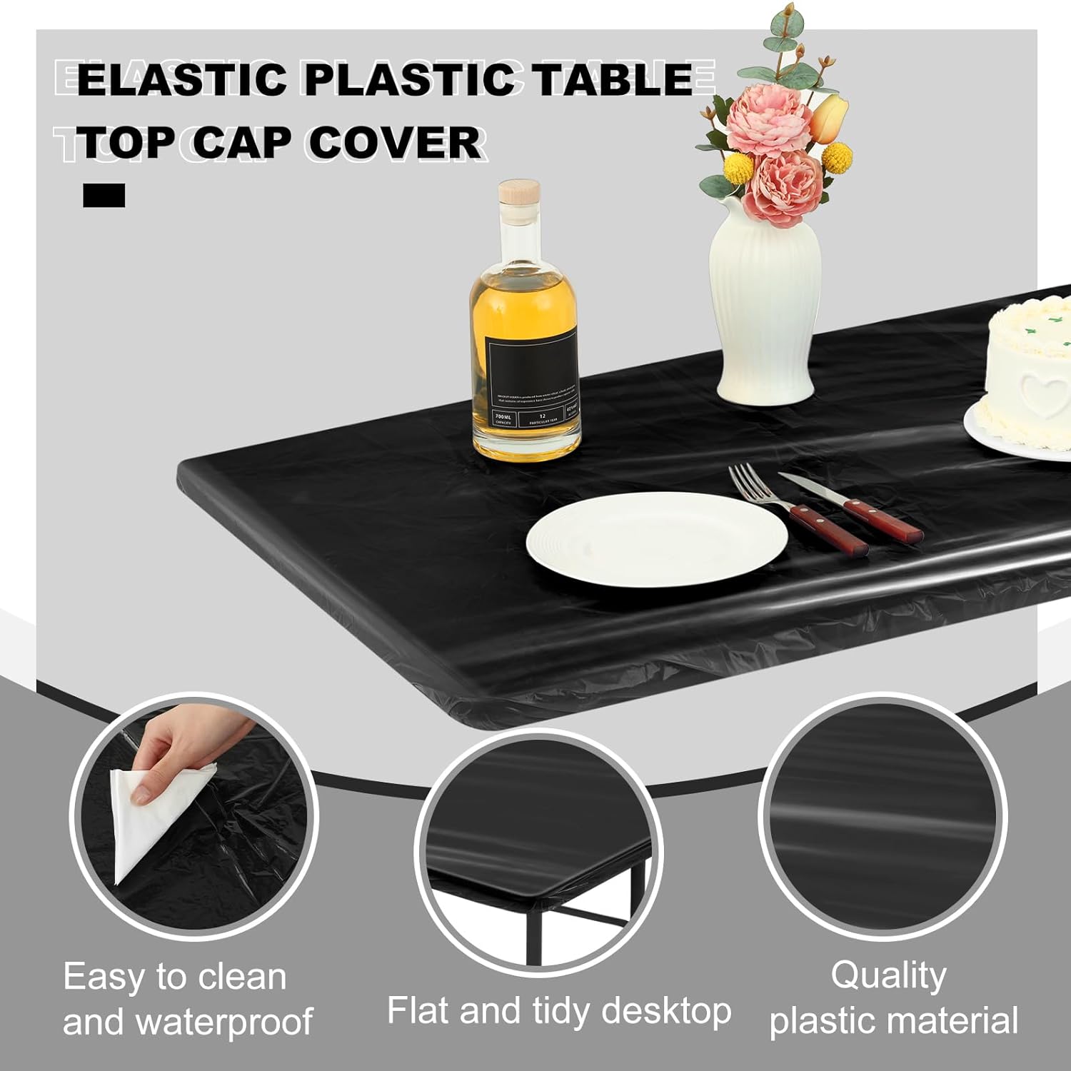 2 Pcs Plastic Elastic Fitted Tablecloths 72x30” – Waterproof Black
