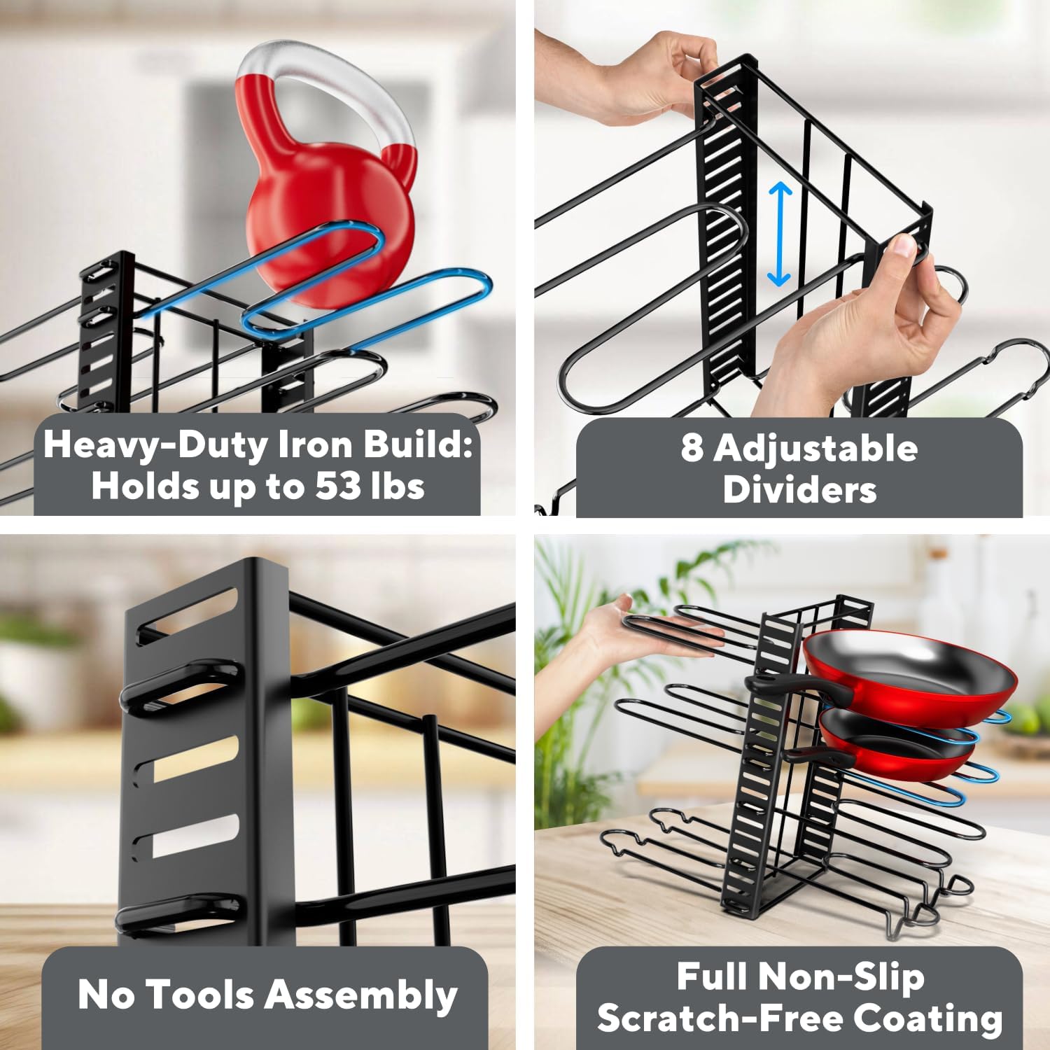 Pots and Pans Organizer Under Cabinet – 8-Tier Adjustable Rack