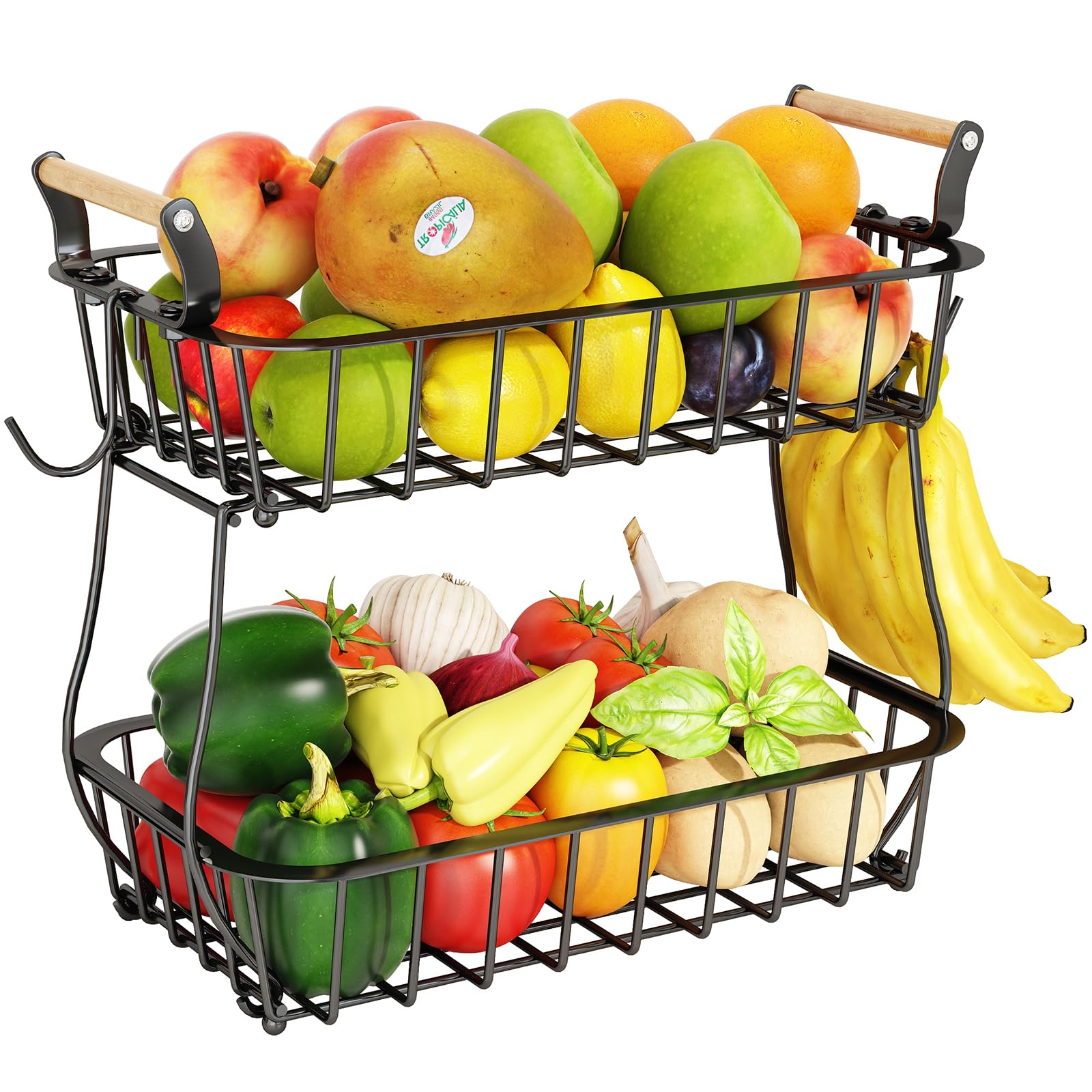 2 Tier Fruit Basket with 2 Banana Hangers, Countertop Fruit Vegetable Basket
