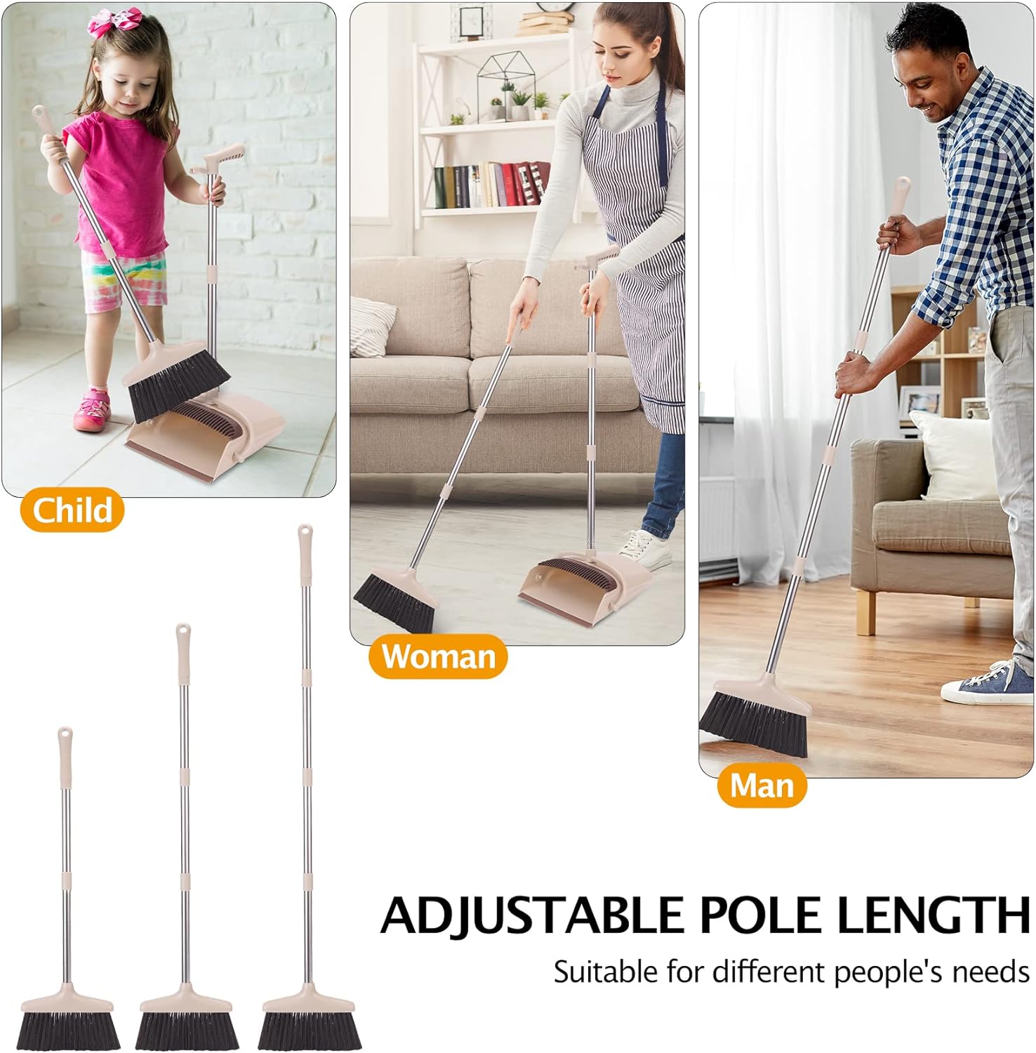 Broom and Dustpan Set with Long Handle – Lightweight Stainless Steel Poles