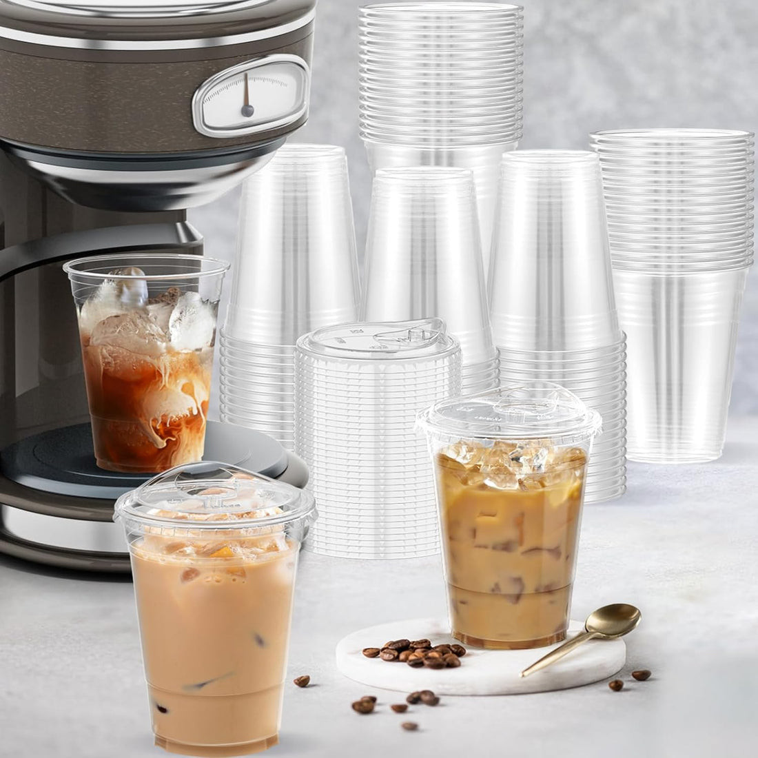 100 Pack 16 oz Clear Plastic Cups with Lids – Disposable Cold Drink Cups