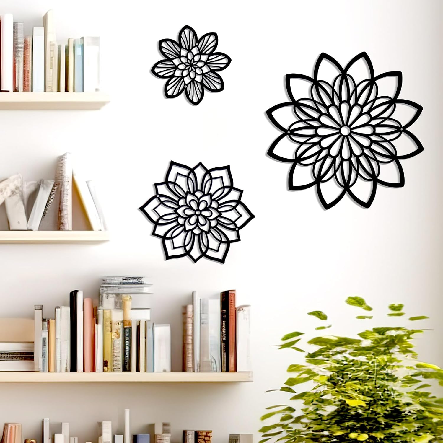 3 Pieces Metal Flowers Wall Decor, Black Wall Decor, Flower Art Wall