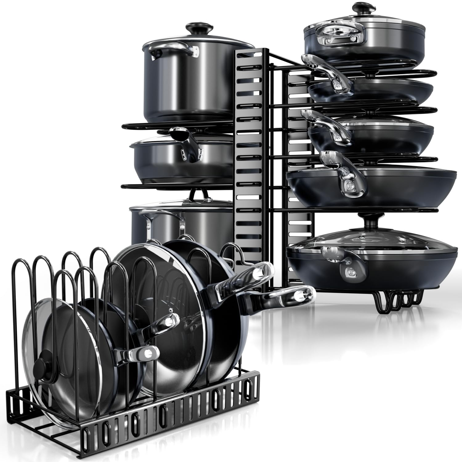 8-tier adjustable pot and pan organizer rack with various pots, pans, and lids arranged on it, installed under a cabinet.